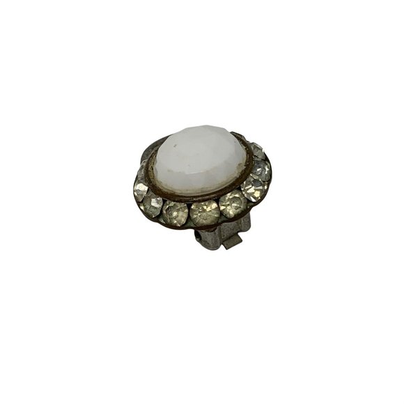 Vintage 1950s White Clip Ons Circle Rhinestone Surround Earrings - Picture 2 of 7